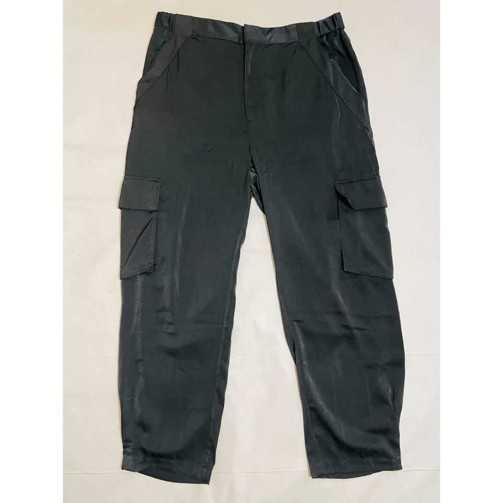 New RM Rebecca Minkoff Black Satin Silky Cargo Pants Size L